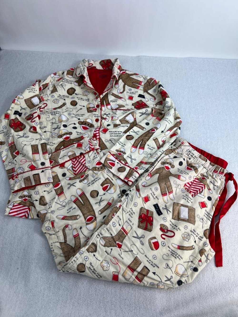 Nick & Nora Womens Sock Monkey Print Flannel Pajama Set Pants Size M